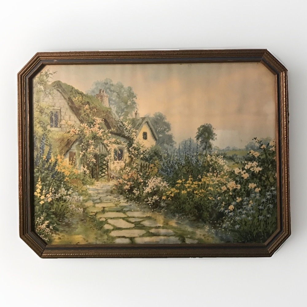 John Joseph Halford Ross English Cottage Garden Print Framed Antique Floral